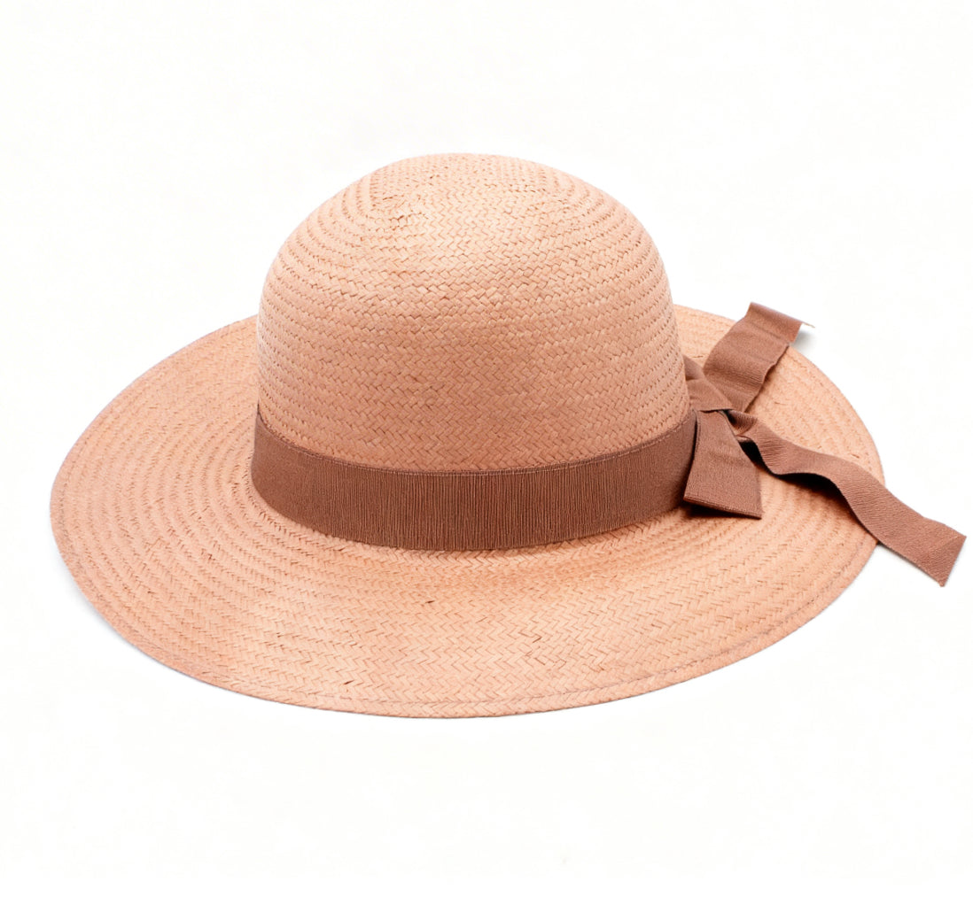 The Montpellier — Wide Brim Dusty Pink Straw Hat | Brown Grosgrain Bow | Made in Italy