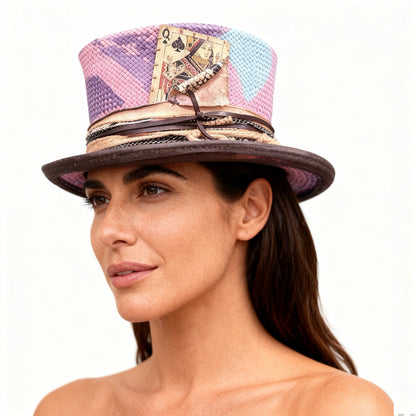 Purple Pattern Straw Top Hat – Summer Rare Top Hat – handmade straw top hat by artisan Ruby Cantero, detail view 2 | Pokijomba Hats