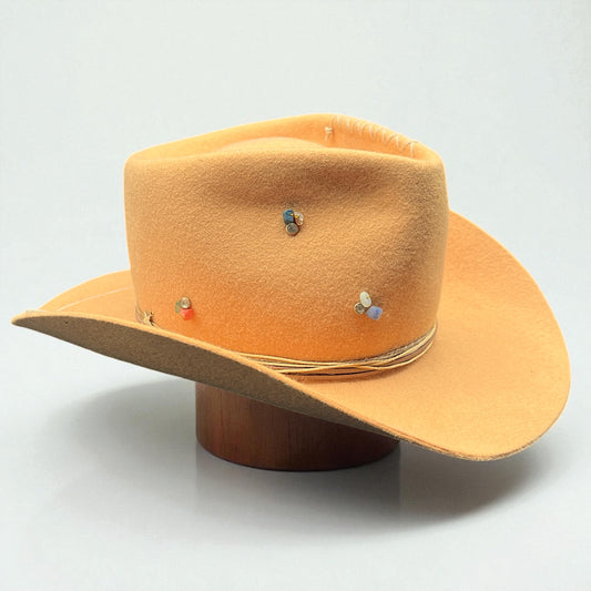 In Stock – Palm Beach – Boho Chic Ochre  Felt Cowboy Hat with Palm Design