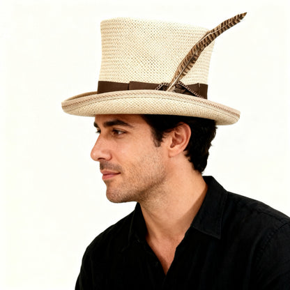 Beige Straw Top Hat – Elegant Summer Top Hat – handmade straw top hat by artisan Ruby Cantero, detail view 3 | Pokijomba Hats