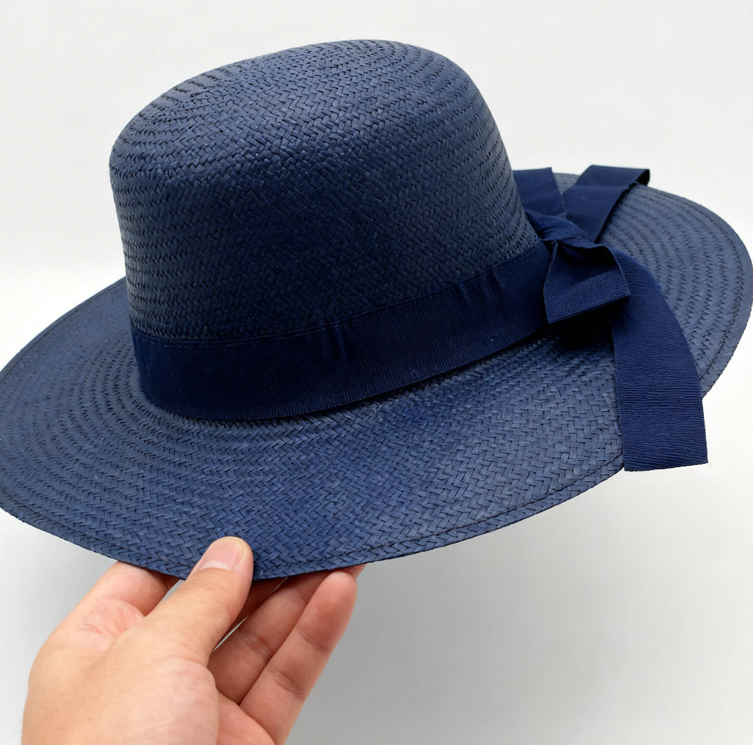 The Portofino — Wide Brim Navy Blue Straw Hat | Tonal Grosgrain Bow | Made in Italy
