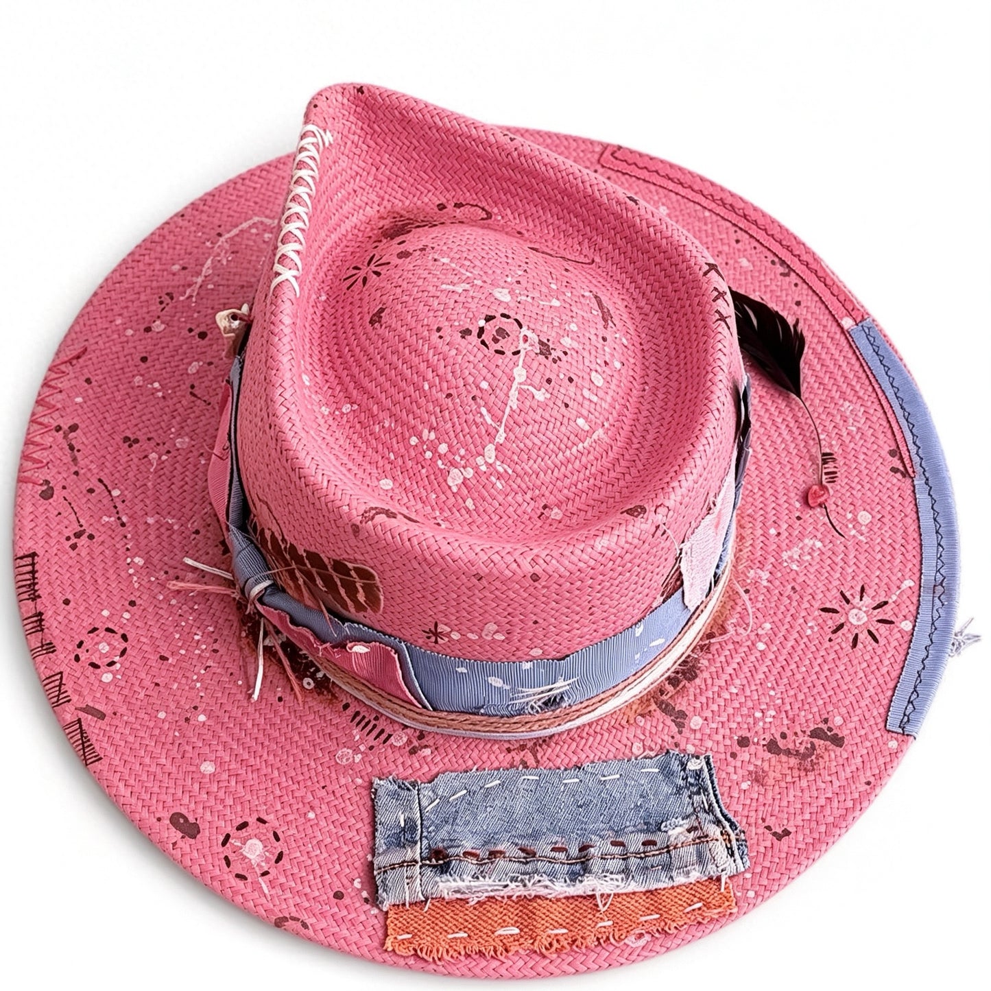 Wide Brim Pink Straw Hat – Artist – handmade straw wide brim hat by artisan Ruby Cantero, detail view 4 | Pokijomba Hats