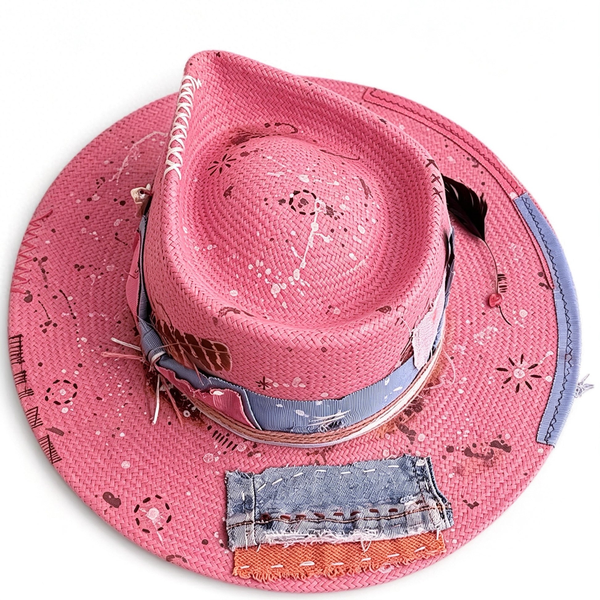 Wide Brim Pink Straw Hat – Artist – handmade straw wide brim hat by artisan Ruby Cantero, detail view 4 | Pokijomba Hats