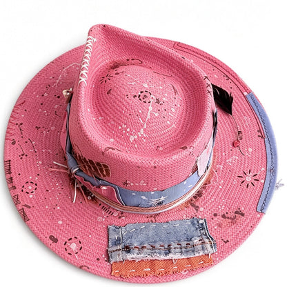 Wide Brim Pink Straw Hat – Artist – handmade straw wide brim hat by artisan Ruby Cantero, detail view 4 | Pokijomba Hats