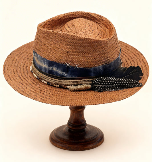 Deep Water – Straw Fedora Hat – handmade straw fedora hat by artisan Ruby Cantero, detail view 7 | Pokijomba Hats