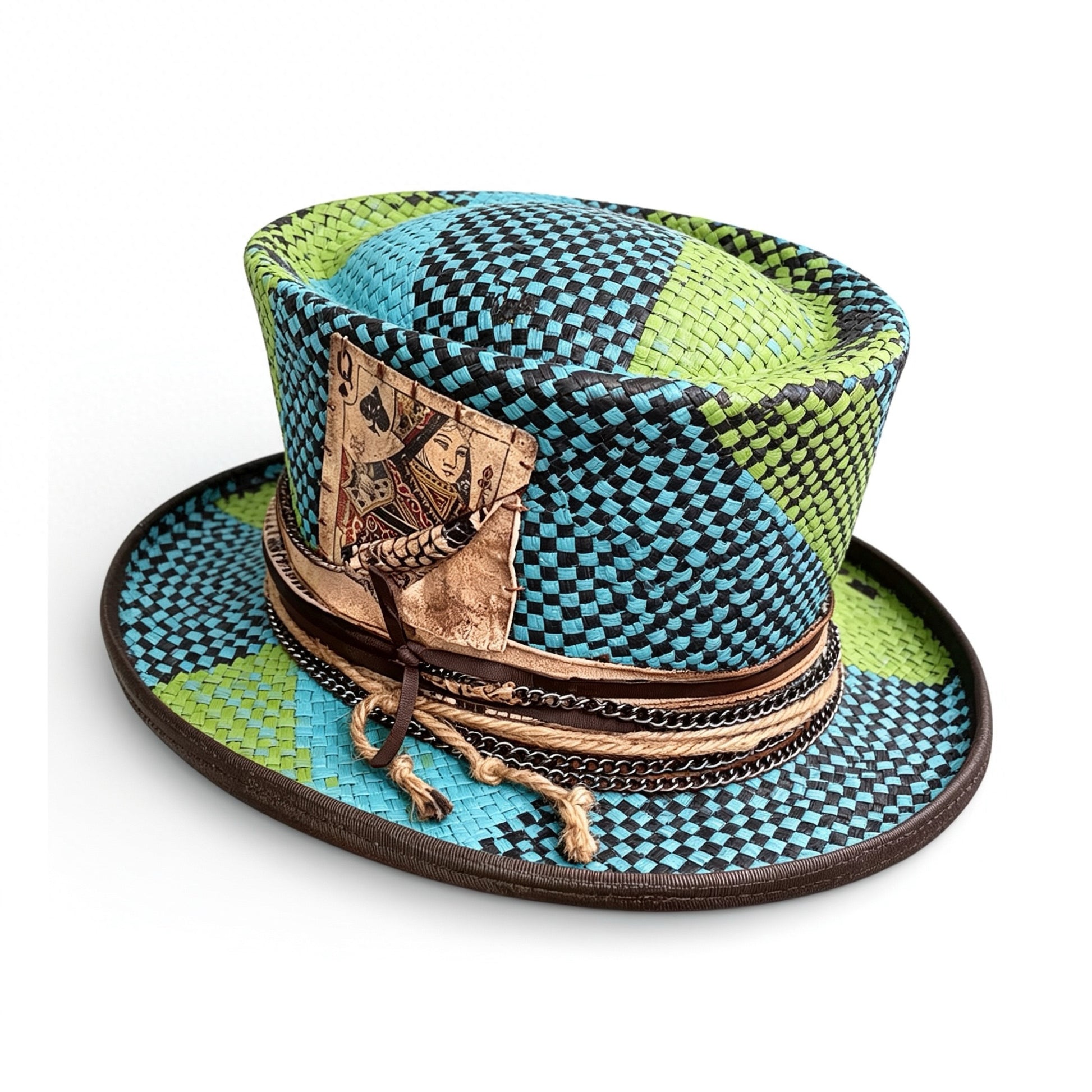 Blue Pattern Straw Top Hat – Summer Rare Top Hat – handmade straw top hat by artisan Ruby Cantero, detail view 3 | Pokijomba Hats