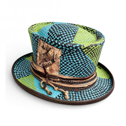 Blue Pattern Straw Top Hat – Summer Rare Top Hat – handmade straw top hat by artisan Ruby Cantero, detail view 3 | Pokijomba Hats