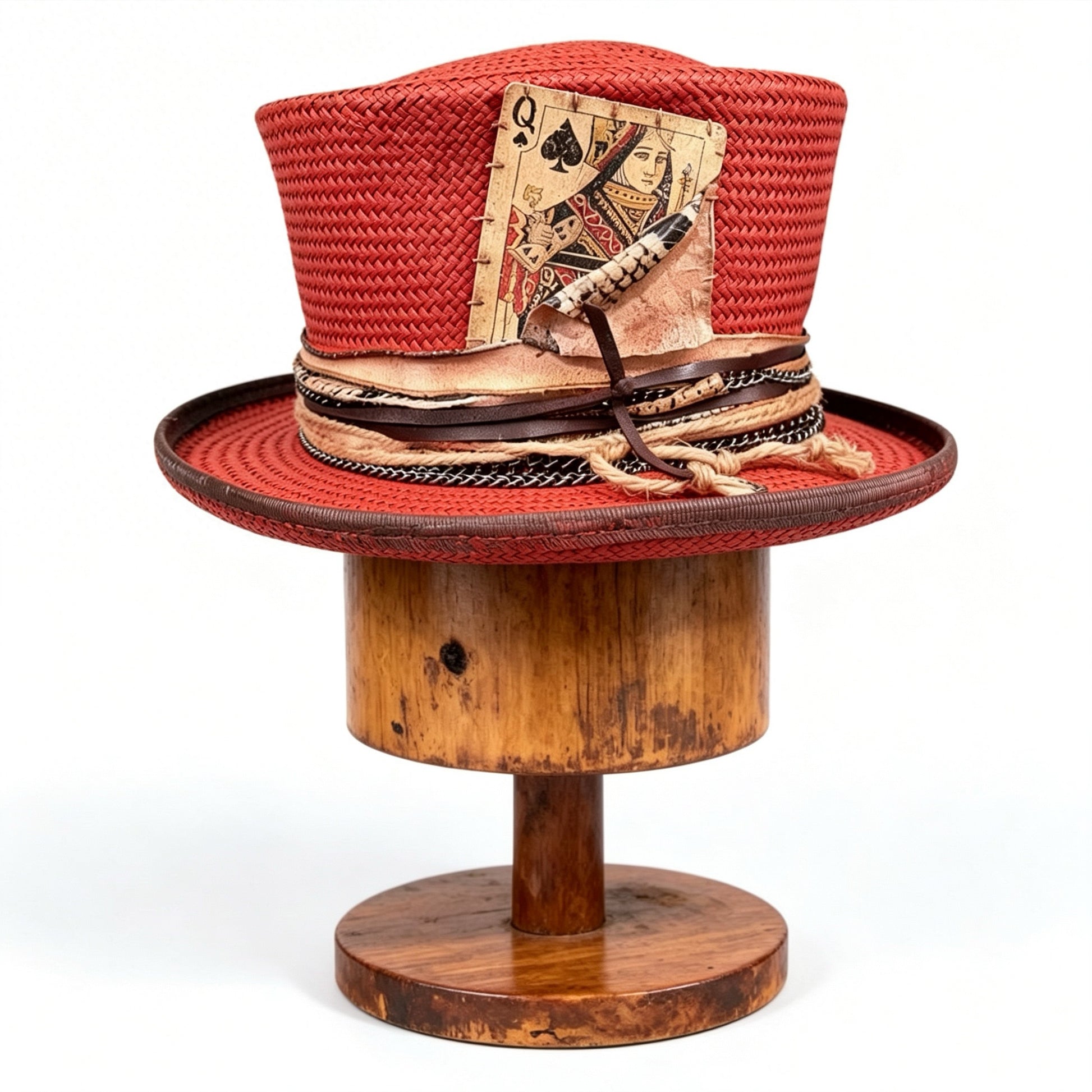 Red Straw Top Hat – Summer Rare Top Hat – handmade straw top hat by artisan Ruby Cantero, detail view 2 | Pokijomba Hats