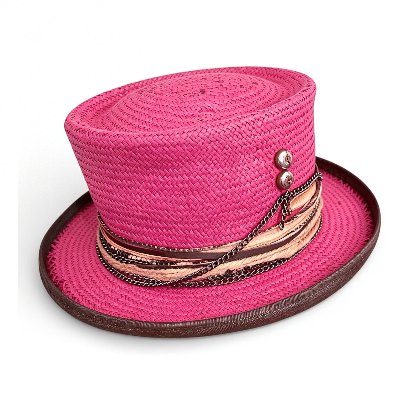 Fuchsia Straw Top Hat – Summer Rare Top Hat – handmade straw top hat by artisan Ruby Cantero, detail view 3 | Pokijomba Hats