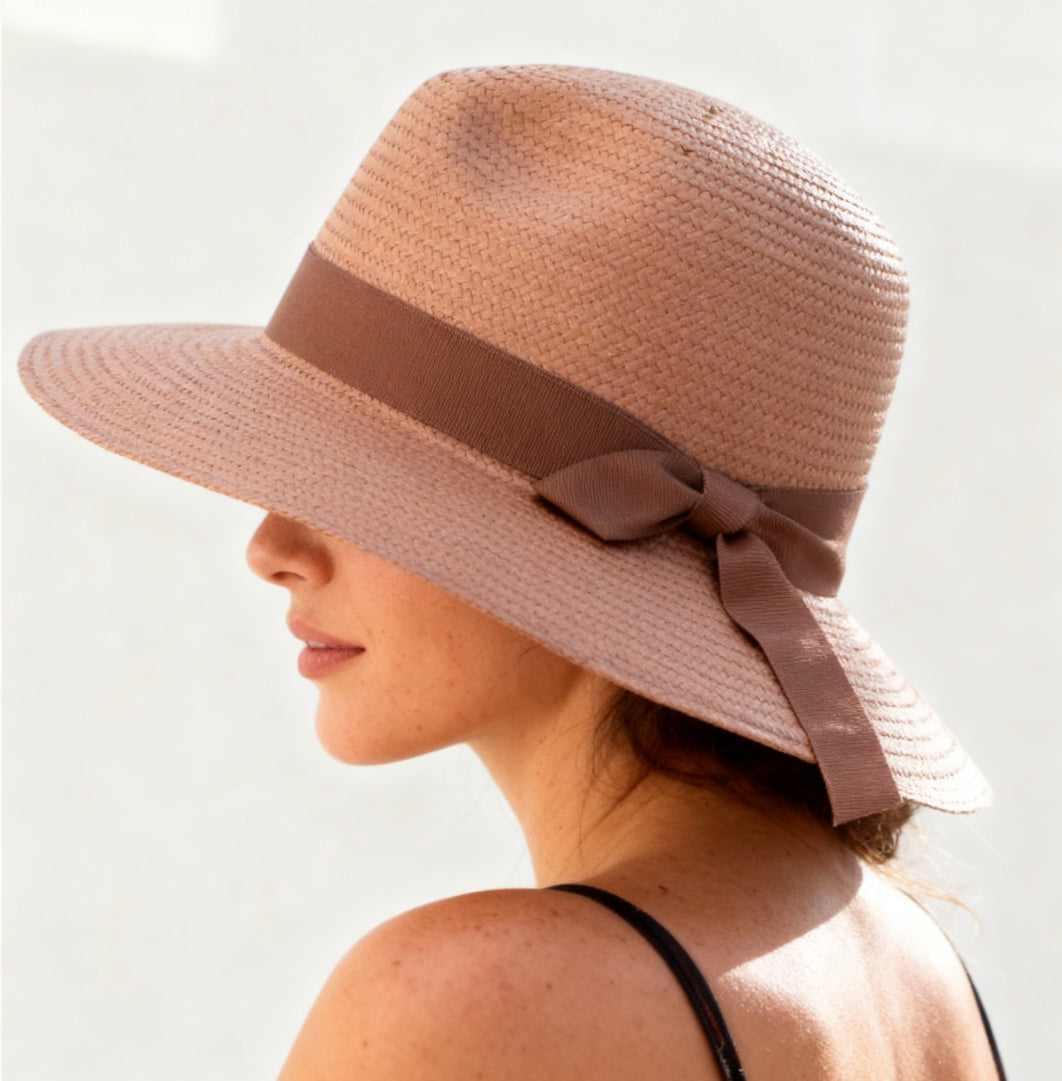 The Montpellier — Wide Brim Dusty Pink Straw Hat | Brown Grosgrain Bow | Made in Italy