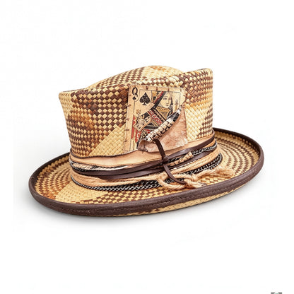 Orange Pattern Straw Top Hat – Summer Rare Top Hat – handmade straw top hat by artisan Ruby Cantero, detail view 2 | Pokijomba Hats