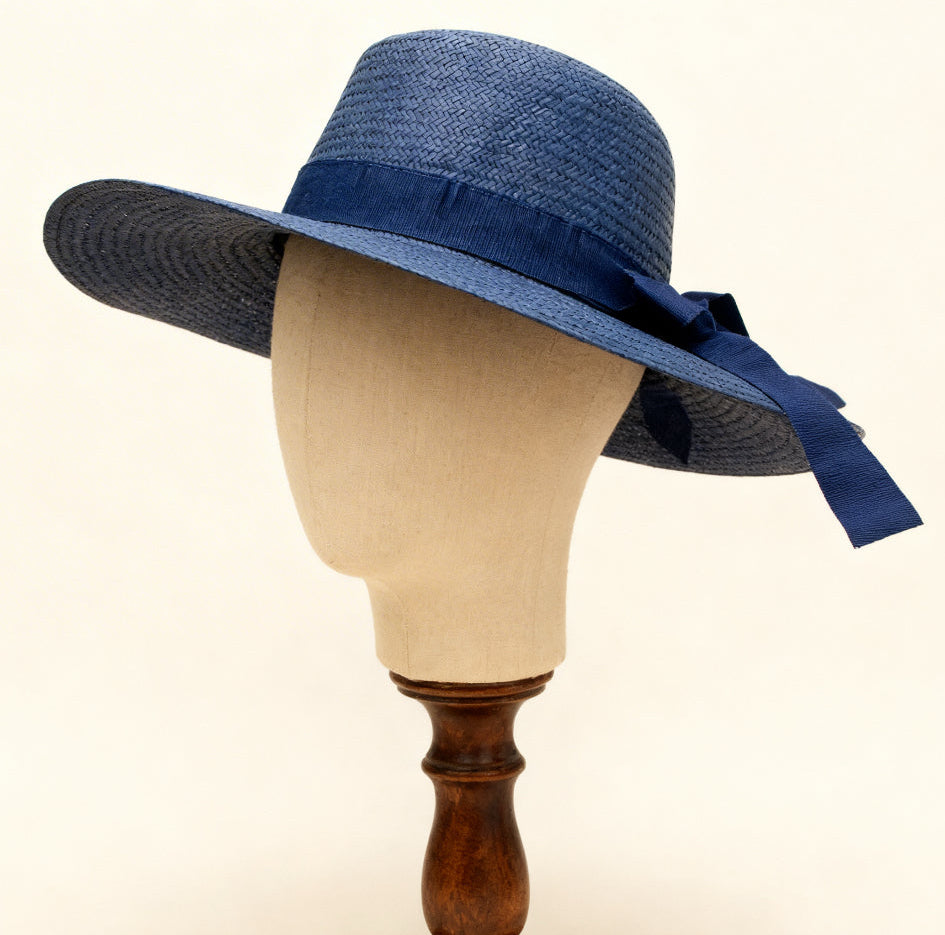 The Portofino — Wide Brim Navy Blue Straw Hat | Tonal Grosgrain Bow | Made in Italy