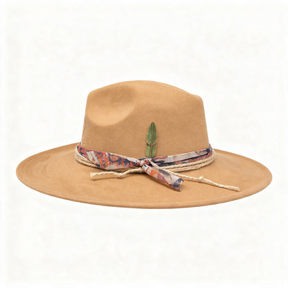 Dandelion – Wide Brim Suede Engraved Fedora Hat in Camel