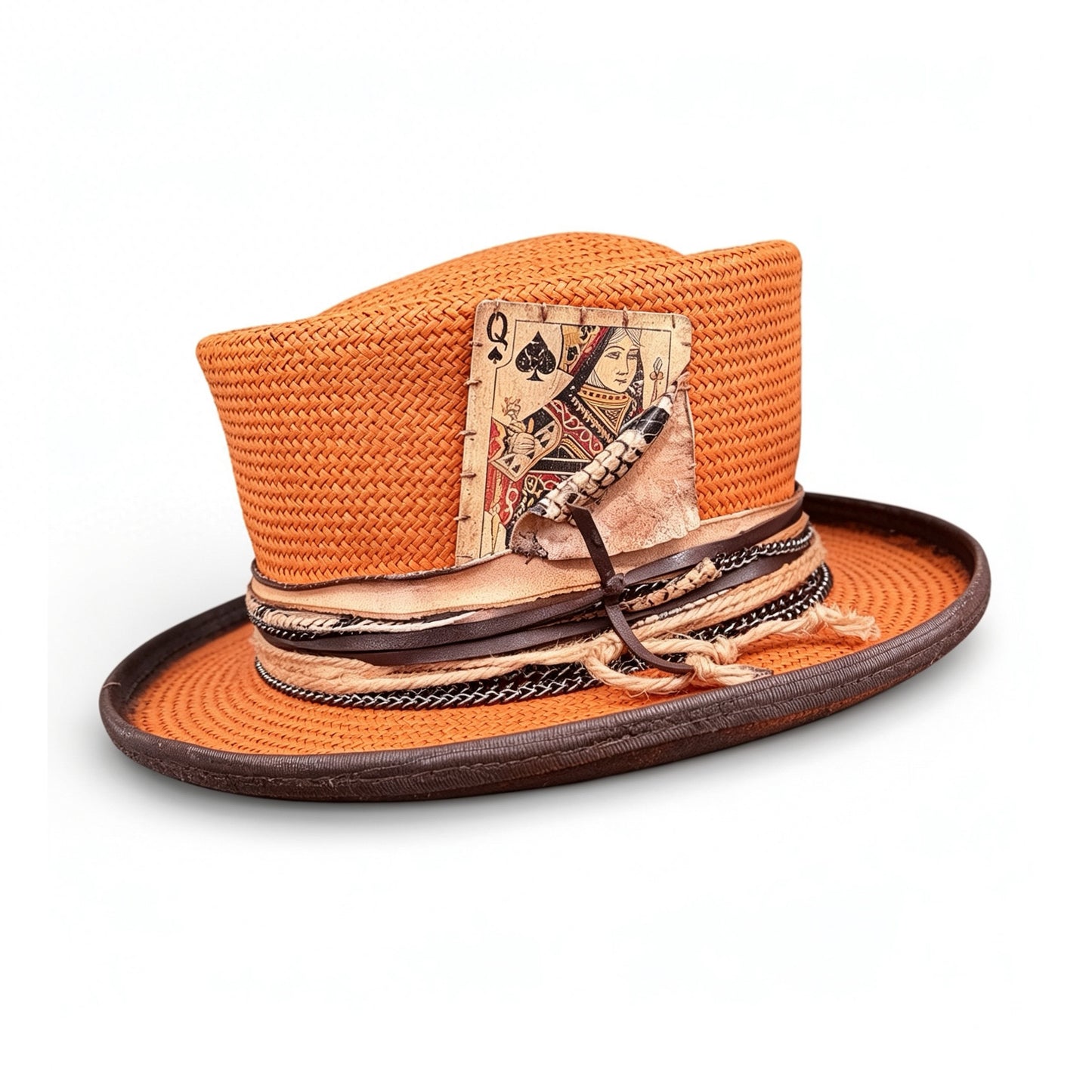 Orange Straw Top Hat – Summer Rare Top Hat – handmade straw top hat by artisan Ruby Cantero, detail view 3 | Pokijomba Hats