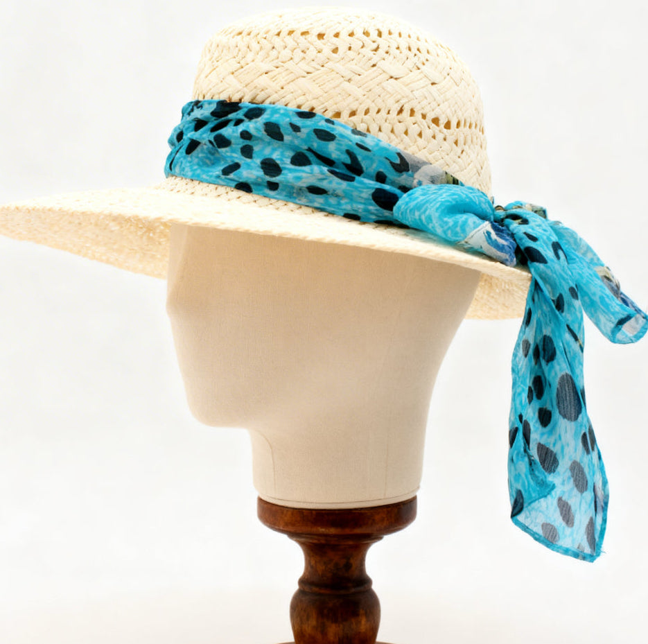 The Formentera — Wide Brim Cream Straw Hat | Turquoise Animal Print Silk Scarf | Made in Italy