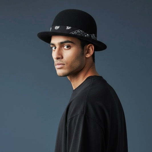 Modern Bowler Hat – Black Bandana – Wool Felt Hat
