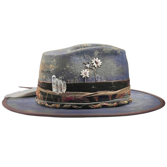 Love Is the Reason – Boho Chic Indigo Dyed Fedora Hat – handmade felt fedora hat, detail view 3 | Pokijomba Hats