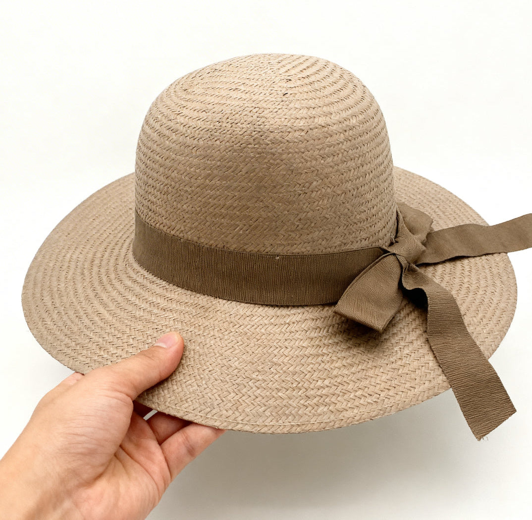 The Firenze — Wide Brim Taupe Raffia Hat | Tonal Grosgrain Bow | Made in Italy