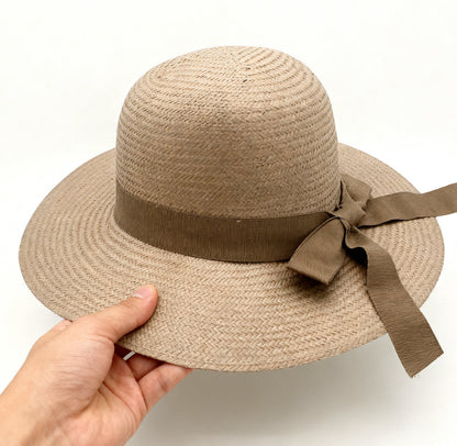 The Firenze — Wide Brim Taupe Raffia Hat | Tonal Grosgrain Bow | Made in Italy