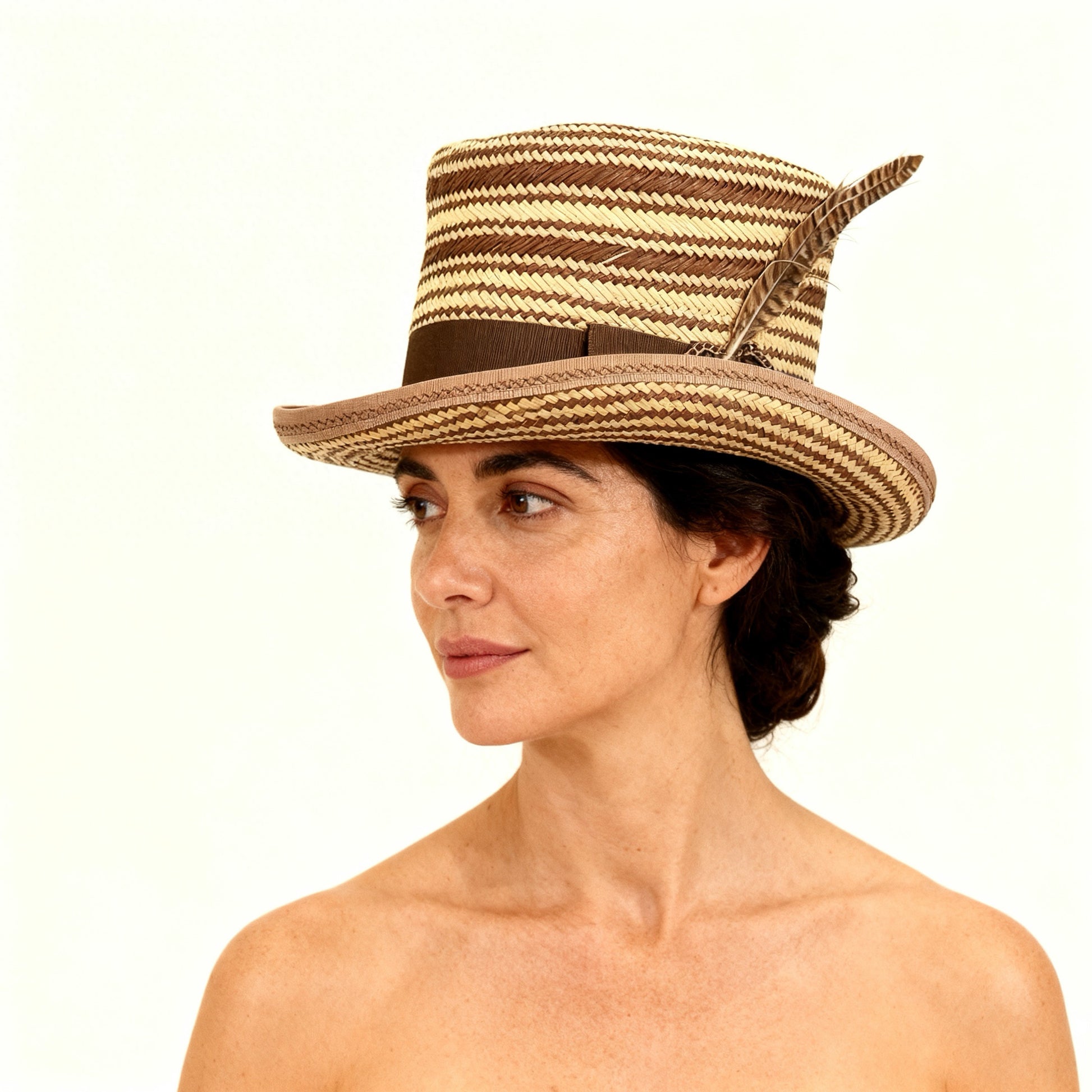 Striped Straw Top Hat – Elegant Summer Top Hat – handmade straw top hat by artisan Ruby Cantero, detail view 4 | Pokijomba Hats