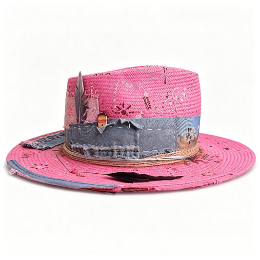 Wide Brim Pink Straw Hat – Artist – handmade straw wide brim hat by artisan Ruby Cantero | Pokijomba Hats