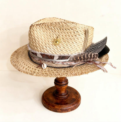 Straw Medium Brim Fedora Hat – Summer Hat – handmade straw fedora hat by artisan Ruby Cantero, detail view 3 | Pokijomba Hats