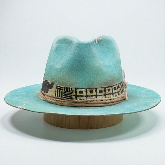 Cumbia – Turquoise Felt Fedora Hat with Distressed Effect