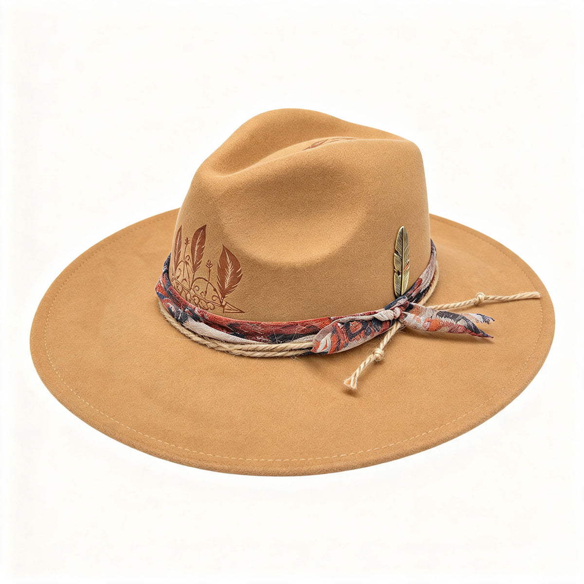 Dandelion – Wide Brim Suede Engraved Fedora Hat in Camel