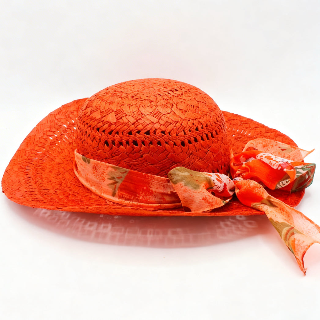 The Ibiza — Wide Brim Coral Red Straw Hat | Floral Silk Scarf | Made in Italy