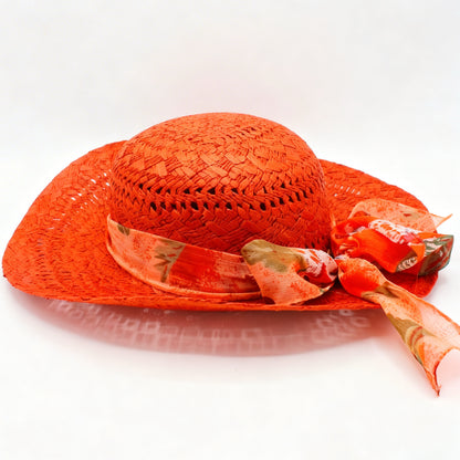 The Ibiza — Wide Brim Coral Red Straw Hat | Floral Silk Scarf | Made in Italy