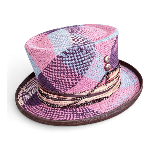 Purple Pattern Straw Top Hat – Summer Rare Top Hat – handmade straw top hat by artisan Ruby Cantero | Pokijomba Hats
