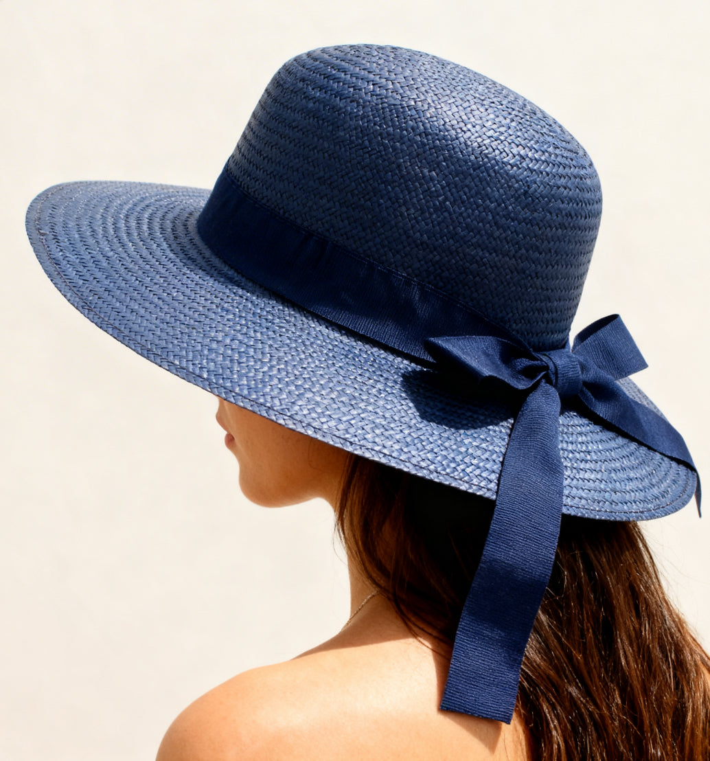 The Portofino — Wide Brim Navy Blue Straw Hat | Tonal Grosgrain Bow | Made in Italy