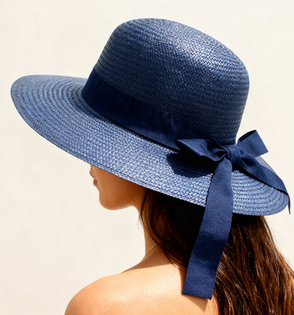 The Portofino — Wide Brim Navy Blue Straw Hat | Tonal Grosgrain Bow | Made in Italy