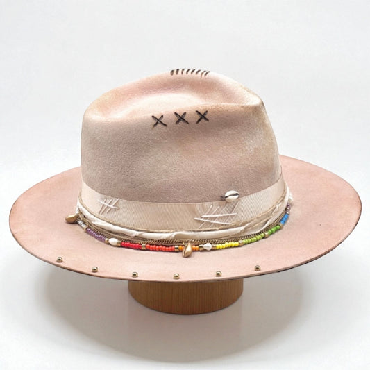 Rainbow | Pale Pink Wool Felt Fedora – Distressed Vintage Style Hat
