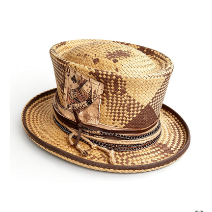 Orange Pattern Straw Top Hat – Summer Rare Top Hat – handmade straw top hat by artisan Ruby Cantero, detail view 4 | Pokijomba Hats