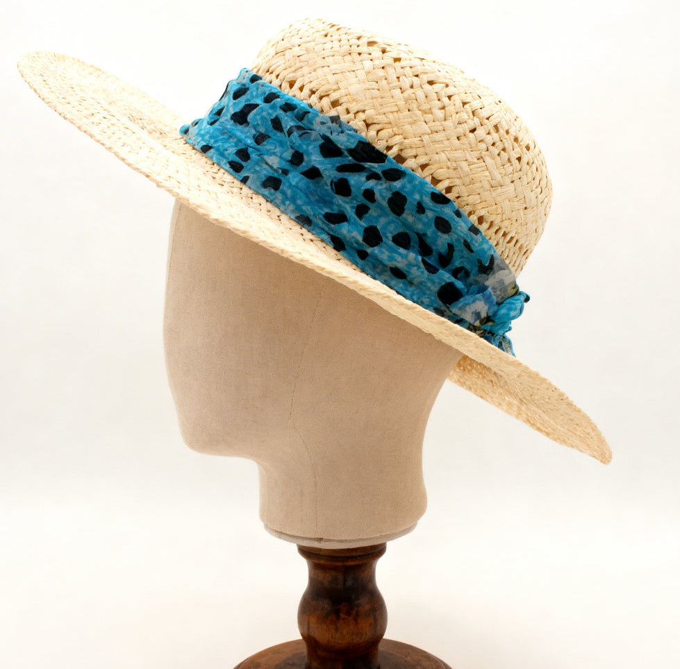 The Formentera — Wide Brim Cream Straw Hat | Turquoise Animal Print Silk Scarf | Made in Italy