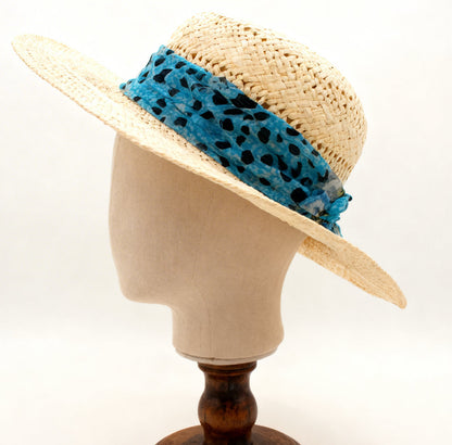 The Formentera — Wide Brim Cream Straw Hat | Turquoise Animal Print Silk Scarf | Made in Italy