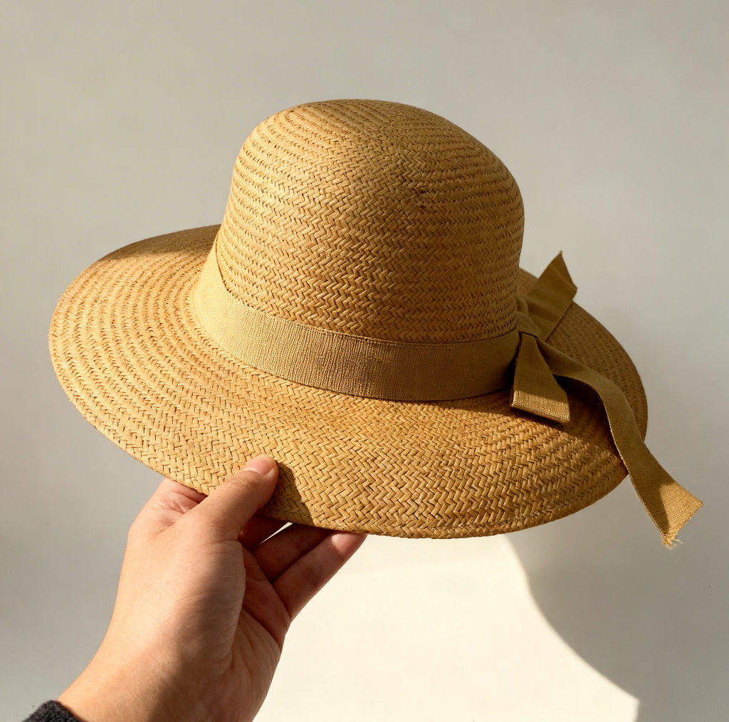 The Amalfi — Wide Brim Honey Camel Straw Hat | Tonal Grosgrain Bow | Made in Italy