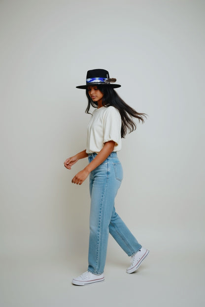 The Arizona – Rock Boho Style – Blue “Llengua Mallorquina” Ribbon – Felt Fedora Hat