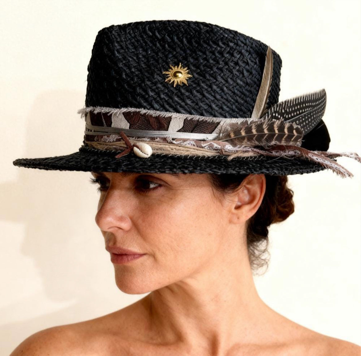 Straw Medium Brim Fedora Hat – Summer Hat – handmade straw fedora hat by artisan Ruby Cantero, detail view 4 | Pokijomba Hats