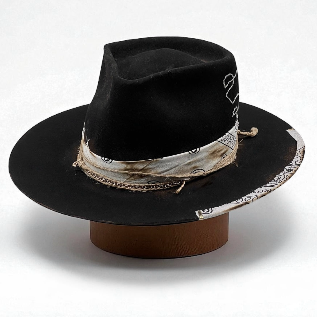Flamingo II – Black Wool Felt Fedora Hat – White Bandana