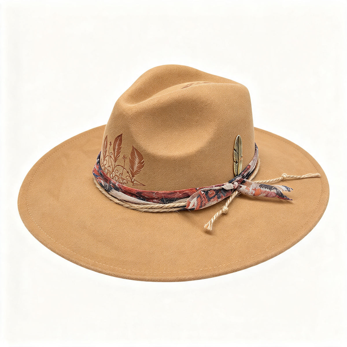 Dandelion – Wide Brim Suede Engraved Fedora Hat in Camel