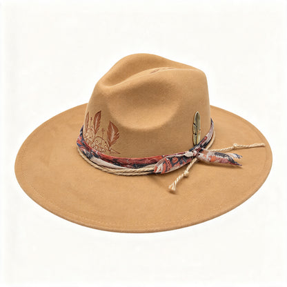 Dandelion – Wide Brim Suede Engraved Fedora Hat in Camel