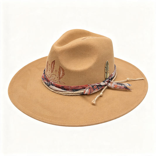 Dandelion – Wide Brim Suede Engraved Fedora Hat in Camel