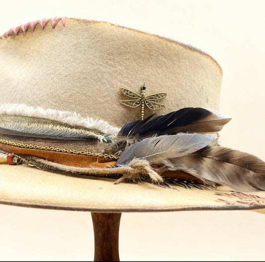 The Anisoptera — Hand-Burned Fedora Hat – handmade handmade felt fedora hat by artisan Ruby Cantero, detail view 5 | Pokijomba Hats