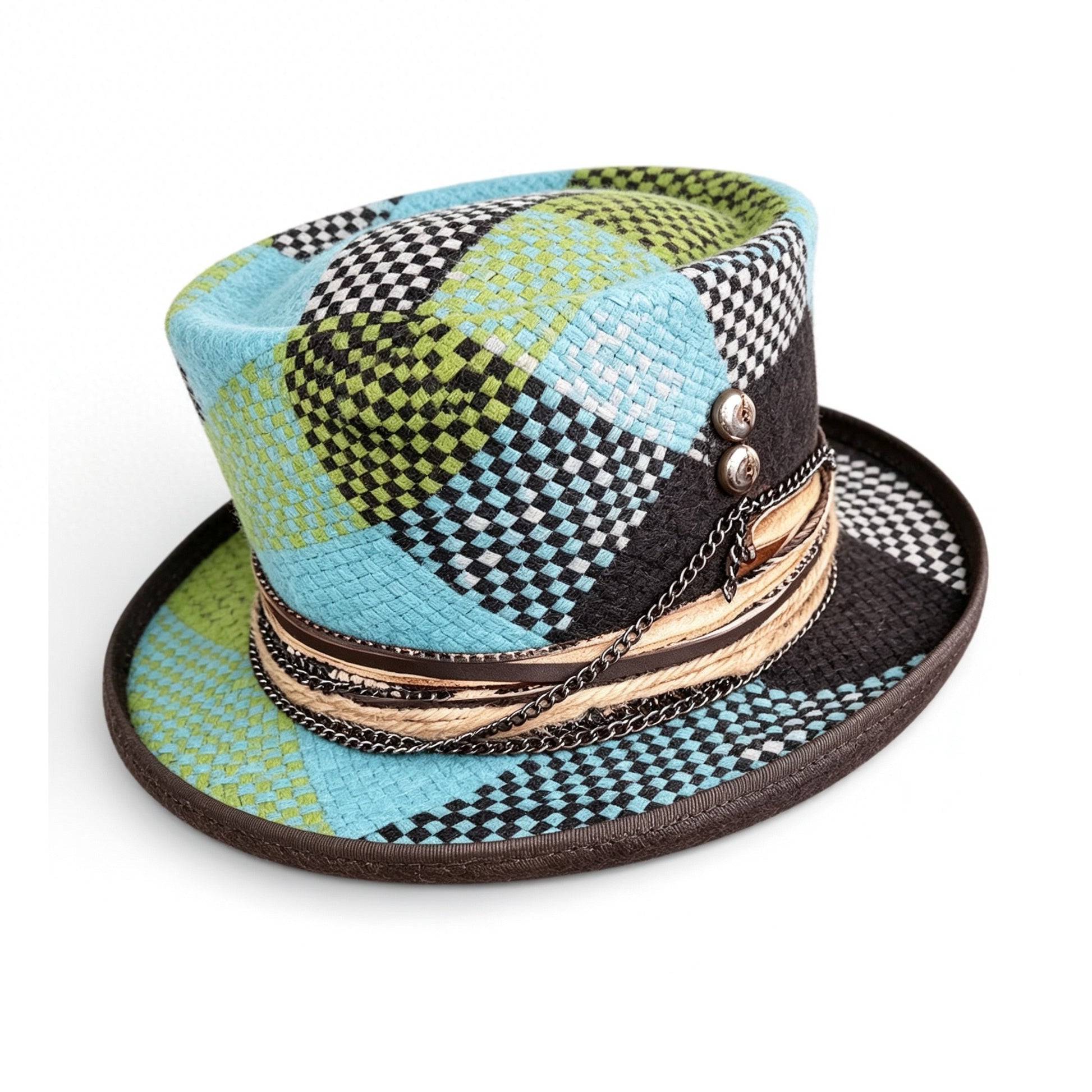 Blue Pattern Straw Top Hat – Summer Rare Top Hat – handmade straw top hat by artisan Ruby Cantero, detail view 4 | Pokijomba Hats