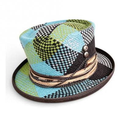 Blue Pattern Straw Top Hat – Summer Rare Top Hat – handmade straw top hat by artisan Ruby Cantero, detail view 4 | Pokijomba Hats