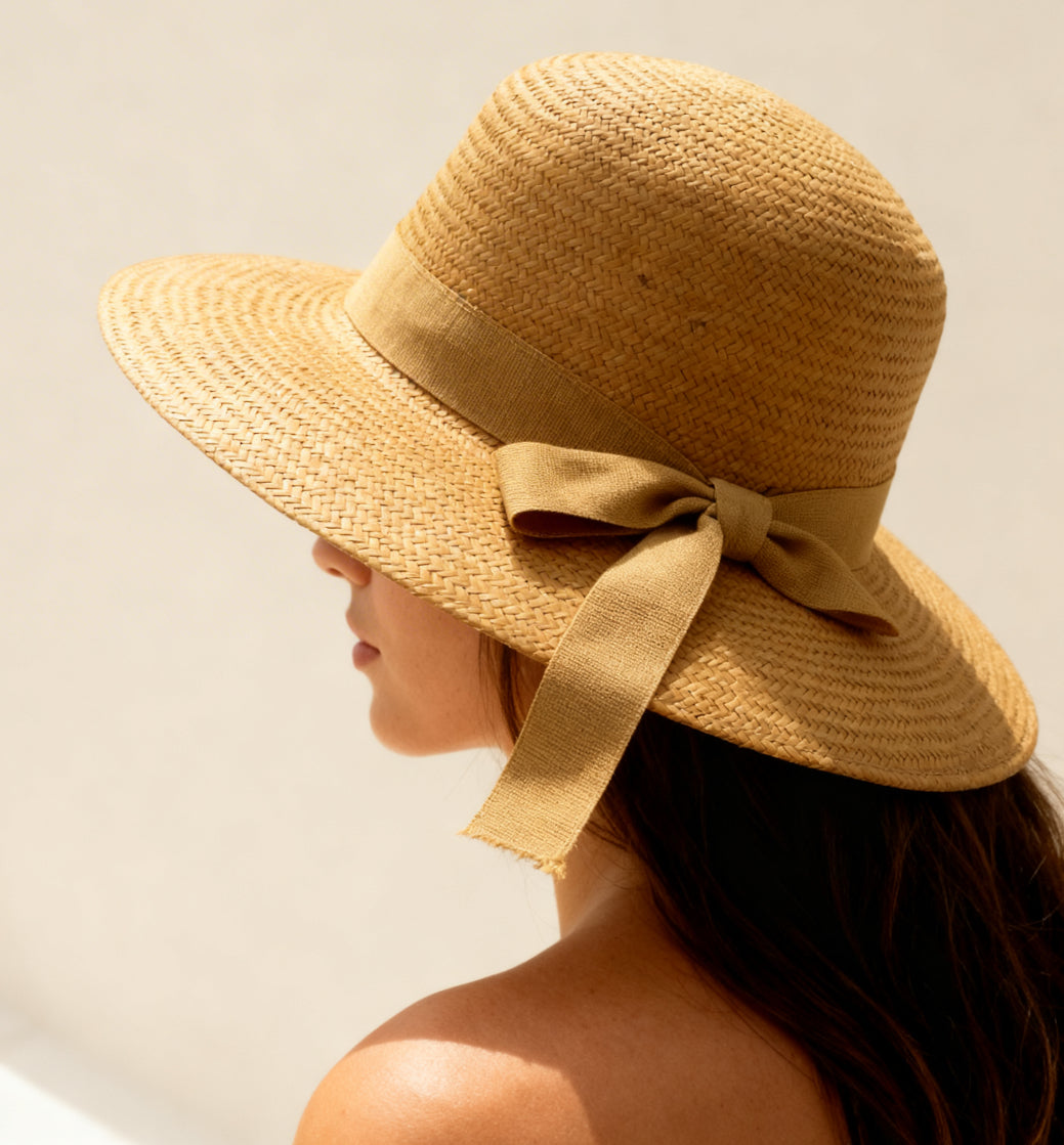 The Amalfi — Wide Brim Honey Camel Straw Hat | Tonal Grosgrain Bow | Made in Italy