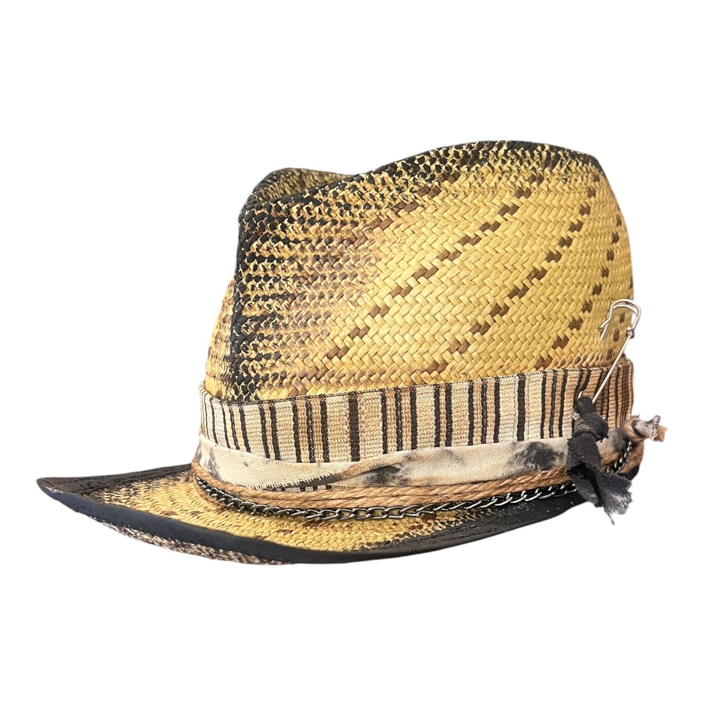 In Stock – Straw Trucker-Style Hat with Chain & Distressed Trim