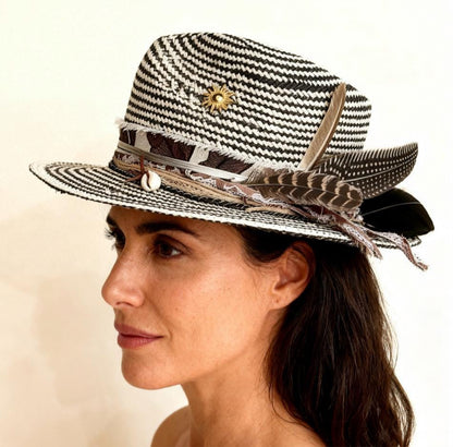 Straw Medium Brim Fedora Hat – Summer Hat – handmade straw fedora hat by artisan Ruby Cantero, detail view 3 | Pokijomba Hats